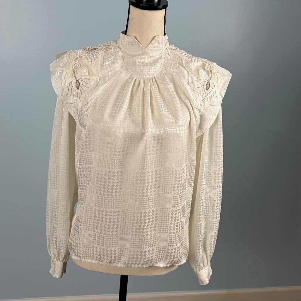 Vintage Romantic Victorian Blouse Ivory Houndstooth Floral Applique 80s